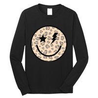 Leopard Happy Face Funny Retro Groovy Smile Face Meme Trendy Long Sleeve Shirt