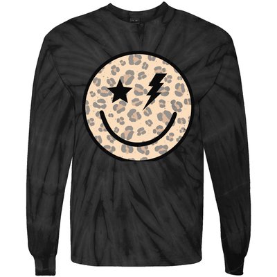 Leopard Happy Face Funny Retro Groovy Smile Face Meme Trendy Tie-Dye Long Sleeve Shirt