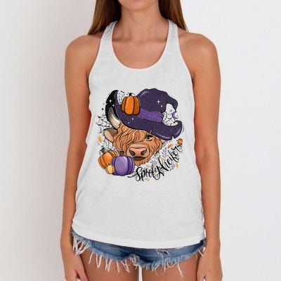 Leopard Halloween Highland Cow Pumpkin Spooky Heifer Tie dye  Women's Knotted Racerback Tank