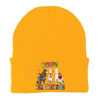 Llama Happy Hallothanksmas Halloween Thanksgiving Xmas Knit Cap Winter Beanie