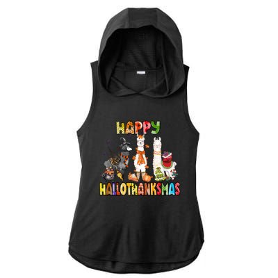 Llama Happy Hallothanksmas Halloween Thanksgiving Xmas Ladies PosiCharge Tri-Blend Wicking Draft Hoodie Tank