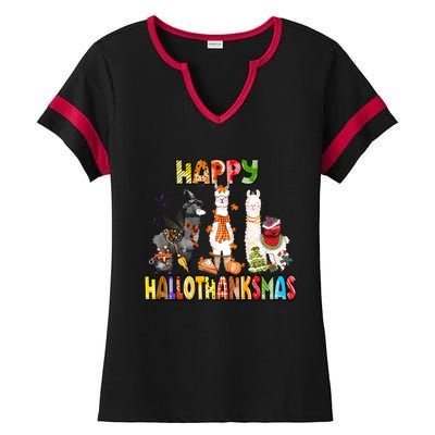 Llama Happy Hallothanksmas Halloween Thanksgiving Xmas Ladies Halftime Notch Neck Tee