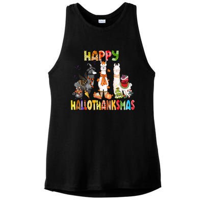 Llama Happy Hallothanksmas Halloween Thanksgiving Xmas Ladies PosiCharge Tri-Blend Wicking Tank