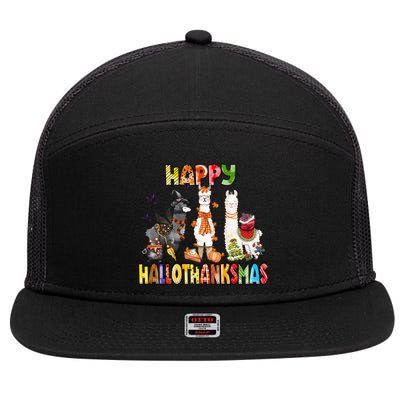 Llama Happy Hallothanksmas Halloween Thanksgiving Xmas 7 Panel Mesh Trucker Snapback Hat