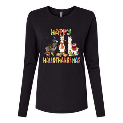 Llama Happy Hallothanksmas Halloween Thanksgiving Xmas Womens Cotton Relaxed Long Sleeve T-Shirt