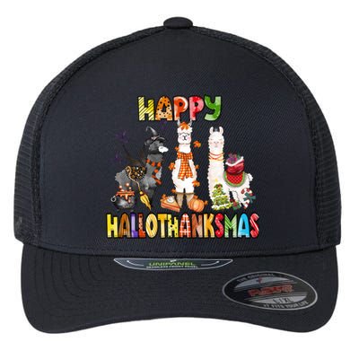 Llama Happy Hallothanksmas Halloween Thanksgiving Xmas Flexfit Unipanel Trucker Cap