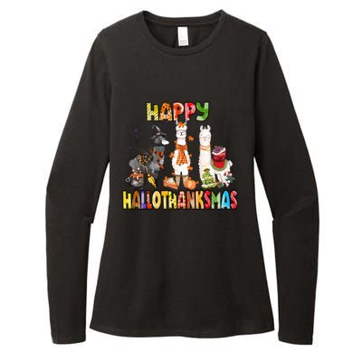 Llama Happy Hallothanksmas Halloween Thanksgiving Xmas Womens CVC Long Sleeve Shirt