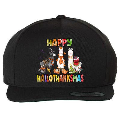 Llama Happy Hallothanksmas Halloween Thanksgiving Xmas Wool Snapback Cap