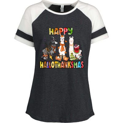 Llama Happy Hallothanksmas Halloween Thanksgiving Xmas Enza Ladies Jersey Colorblock Tee