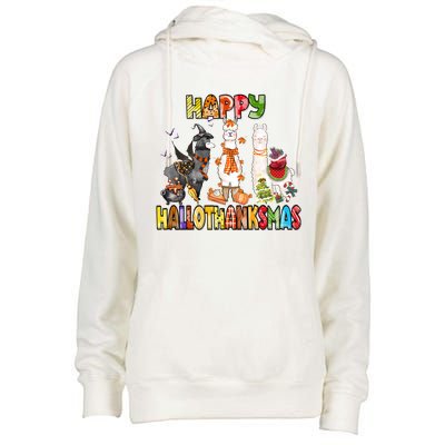 Llama Happy Hallothanksmas Halloween Thanksgiving Xmas Womens Funnel Neck Pullover Hood