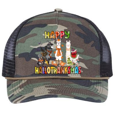 Llama Happy Hallothanksmas Halloween Thanksgiving Xmas Retro Rope Trucker Hat Cap