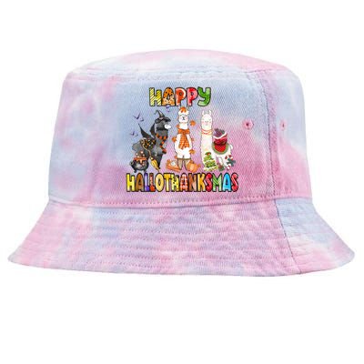 Llama Happy Hallothanksmas Halloween Thanksgiving Xmas Tie-Dyed Bucket Hat