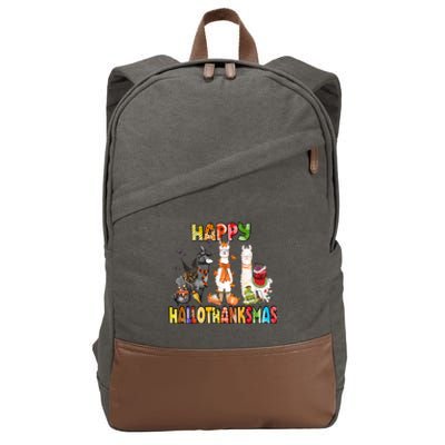 Llama Happy Hallothanksmas Halloween Thanksgiving Xmas Cotton Canvas Backpack