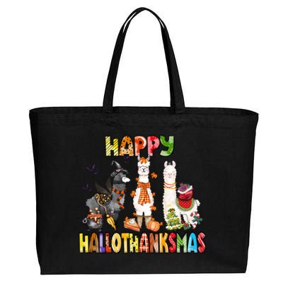 Llama Happy Hallothanksmas Halloween Thanksgiving Xmas Cotton Canvas Jumbo Tote