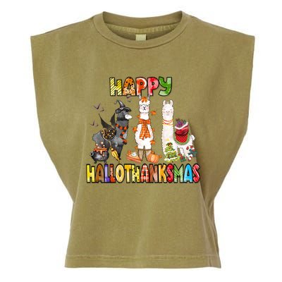 Llama Happy Hallothanksmas Halloween Thanksgiving Xmas Garment-Dyed Women's Muscle Tee