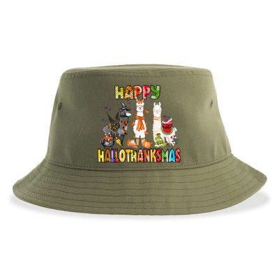 Llama Happy Hallothanksmas Halloween Thanksgiving Xmas Sustainable Bucket Hat