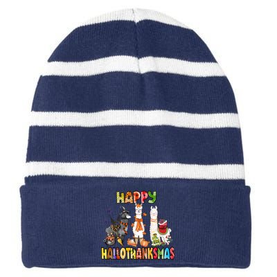 Llama Happy Hallothanksmas Halloween Thanksgiving Xmas Striped Beanie with Solid Band