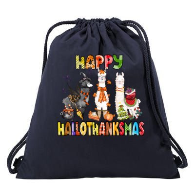 Llama Happy Hallothanksmas Halloween Thanksgiving Xmas Drawstring Bag