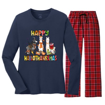 Llama Happy Hallothanksmas Halloween Thanksgiving Xmas Women's Long Sleeve Flannel Pajama Set 