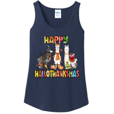 Llama Happy Hallothanksmas Halloween Thanksgiving Xmas Ladies Essential Tank