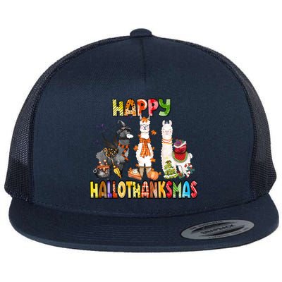 Llama Happy Hallothanksmas Halloween Thanksgiving Xmas Flat Bill Trucker Hat