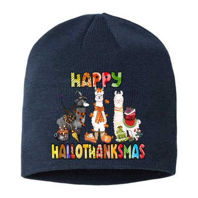 Llama Happy Hallothanksmas Halloween Thanksgiving Xmas Sustainable Beanie