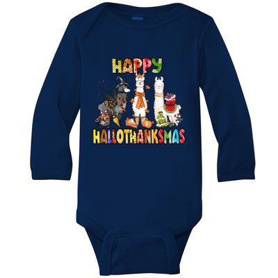 Llama Happy Hallothanksmas Halloween Thanksgiving Xmas Baby Long Sleeve Bodysuit