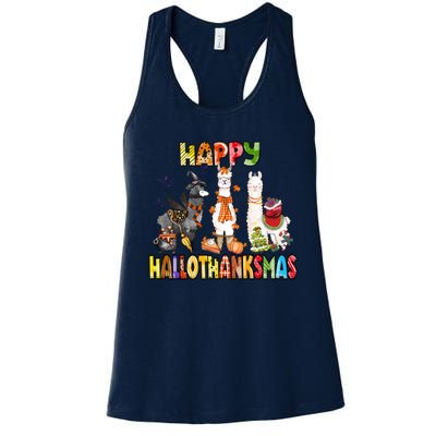 Llama Happy Hallothanksmas Halloween Thanksgiving Xmas Women's Racerback Tank