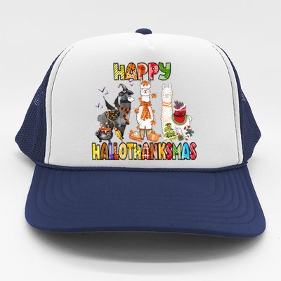 Llama Happy Hallothanksmas Halloween Thanksgiving Xmas Trucker Hat