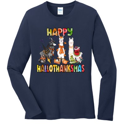 Llama Happy Hallothanksmas Halloween Thanksgiving Xmas Ladies Long Sleeve Shirt