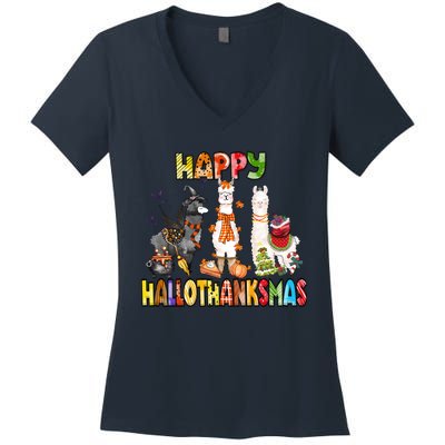 Llama Happy Hallothanksmas Halloween Thanksgiving Xmas Women's V-Neck T-Shirt