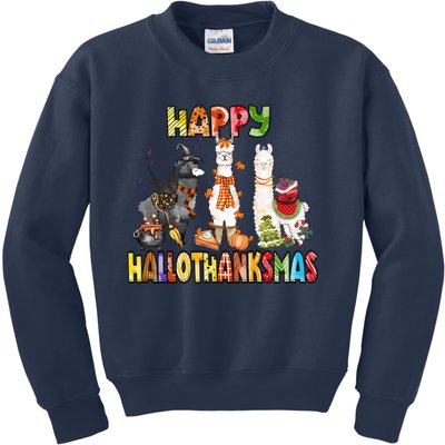 Llama Happy Hallothanksmas Halloween Thanksgiving Xmas Kids Sweatshirt