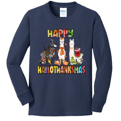 Llama Happy Hallothanksmas Halloween Thanksgiving Xmas Kids Long Sleeve Shirt