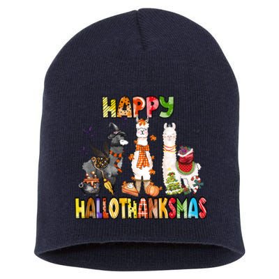 Llama Happy Hallothanksmas Halloween Thanksgiving Xmas Short Acrylic Beanie