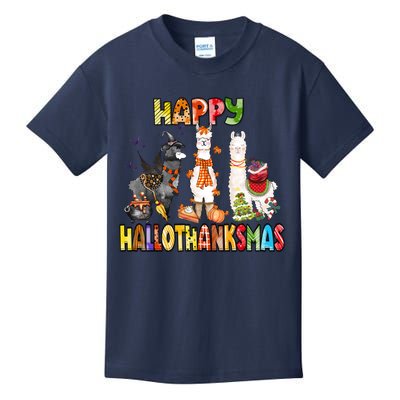 Llama Happy Hallothanksmas Halloween Thanksgiving Xmas Kids T-Shirt