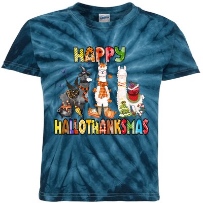 Llama Happy Hallothanksmas Halloween Thanksgiving Xmas Kids Tie-Dye T-Shirt