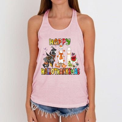 Llama Happy Hallothanksmas Halloween Thanksgiving Xmas Women's Knotted Racerback Tank