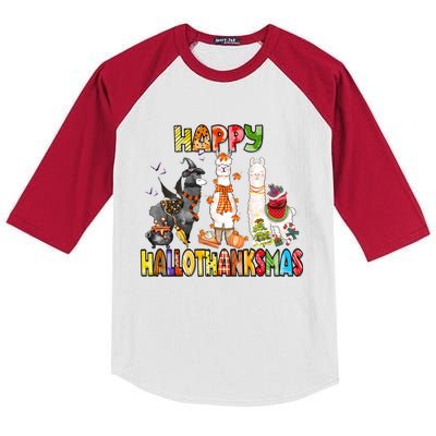 Llama Happy Hallothanksmas Halloween Thanksgiving Xmas Kids Colorblock Raglan Jersey