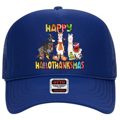 Llama Happy Hallothanksmas Halloween Thanksgiving Xmas High Crown Mesh Back Trucker Hat