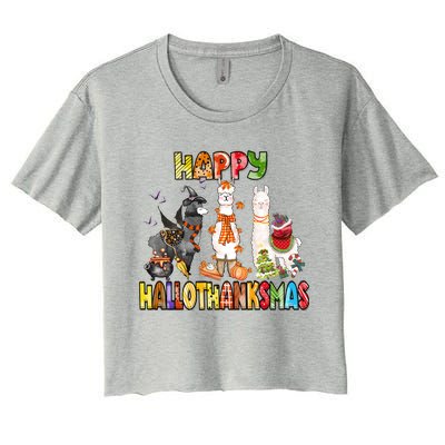 Llama Happy Hallothanksmas Halloween Thanksgiving Xmas Women's Crop Top Tee