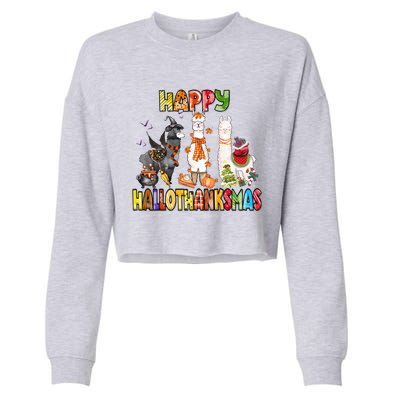 Llama Happy Hallothanksmas Halloween Thanksgiving Xmas Cropped Pullover Crew