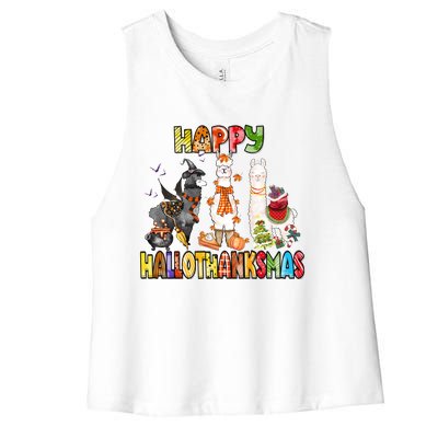 Llama Happy Hallothanksmas Halloween Thanksgiving Xmas Women's Racerback Cropped Tank