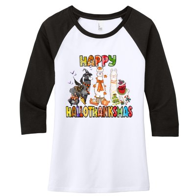 Llama Happy Hallothanksmas Halloween Thanksgiving Xmas Women's Tri-Blend 3/4-Sleeve Raglan Shirt