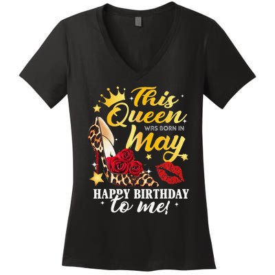 Leopard High Heel This Queen Was Born In May Happy Birthday Women's V-Neck T-Shirt