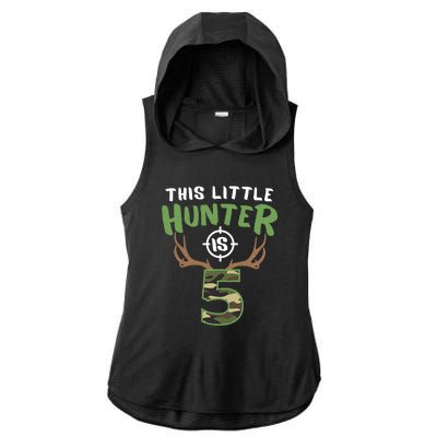 Little Hunter Is 5 Birthday Boys 5th Birthday Deer Hunter Ladies PosiCharge Tri-Blend Wicking Draft Hoodie Tank