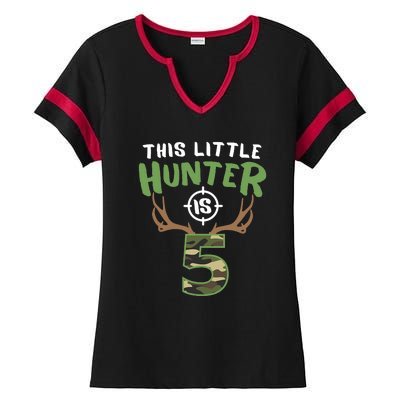 Little Hunter Is 5 Birthday Boys 5th Birthday Deer Hunter Ladies Halftime Notch Neck Tee