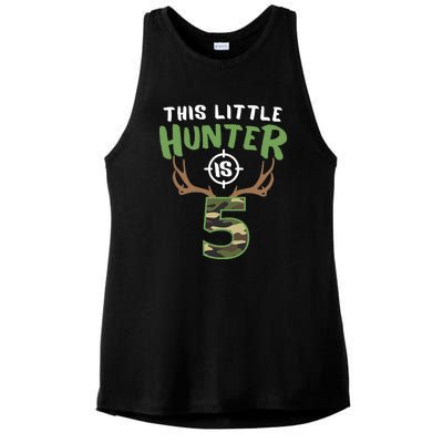 Little Hunter Is 5 Birthday Boys 5th Birthday Deer Hunter Ladies PosiCharge Tri-Blend Wicking Tank