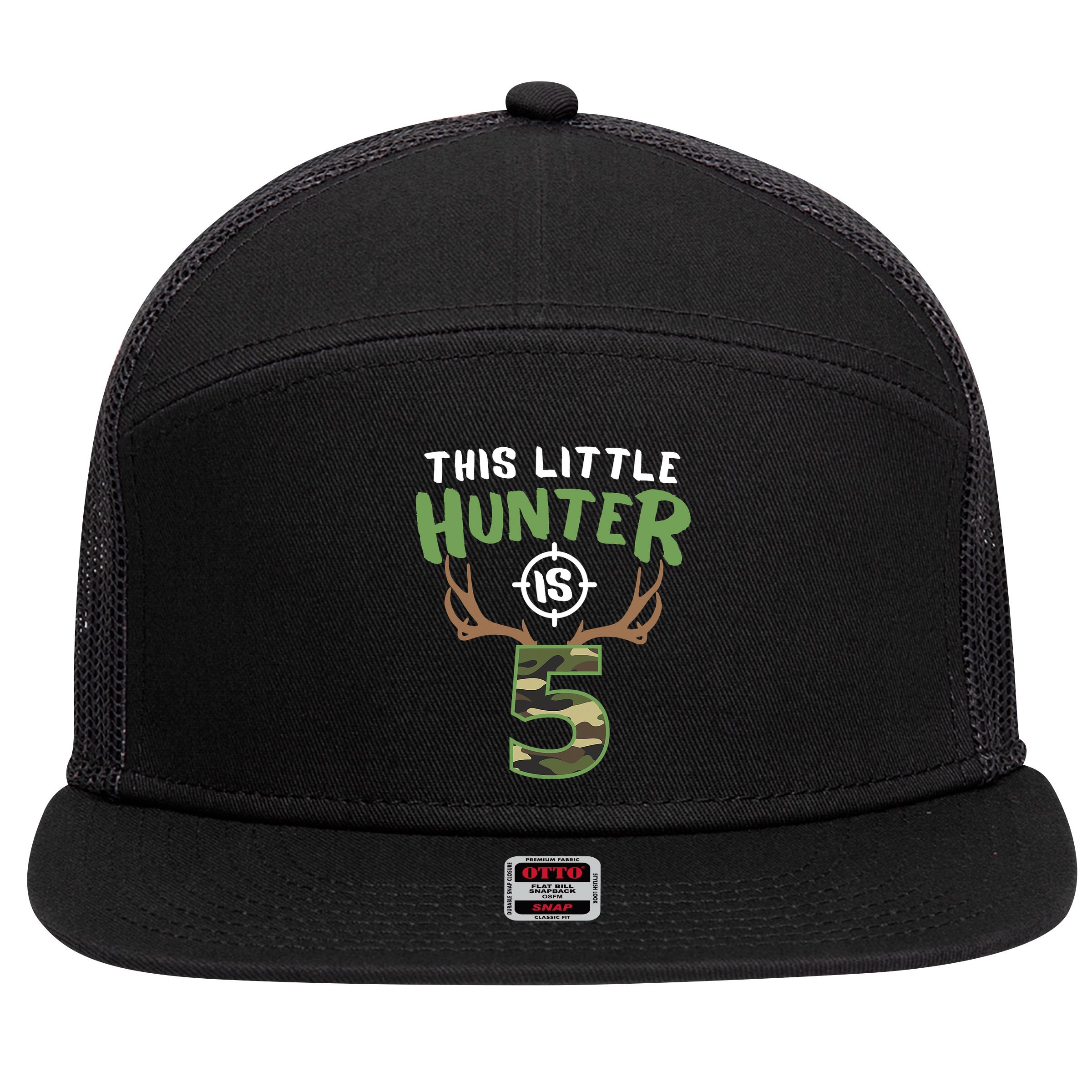 Little Hunter Is 5 Birthday Boys 5th Birthday Deer Hunter 7 Panel Mesh Trucker Snapback Hat