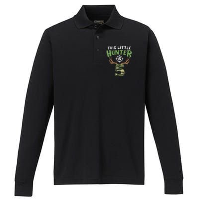 Little Hunter Is 5 Birthday Boys 5th Birthday Deer Hunter Performance Long Sleeve Polo