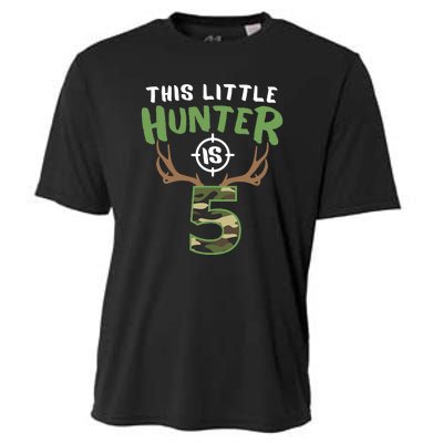 Little Hunter Is 5 Birthday Boys 5th Birthday Deer Hunter Cooling Performance Crew T-Shirt